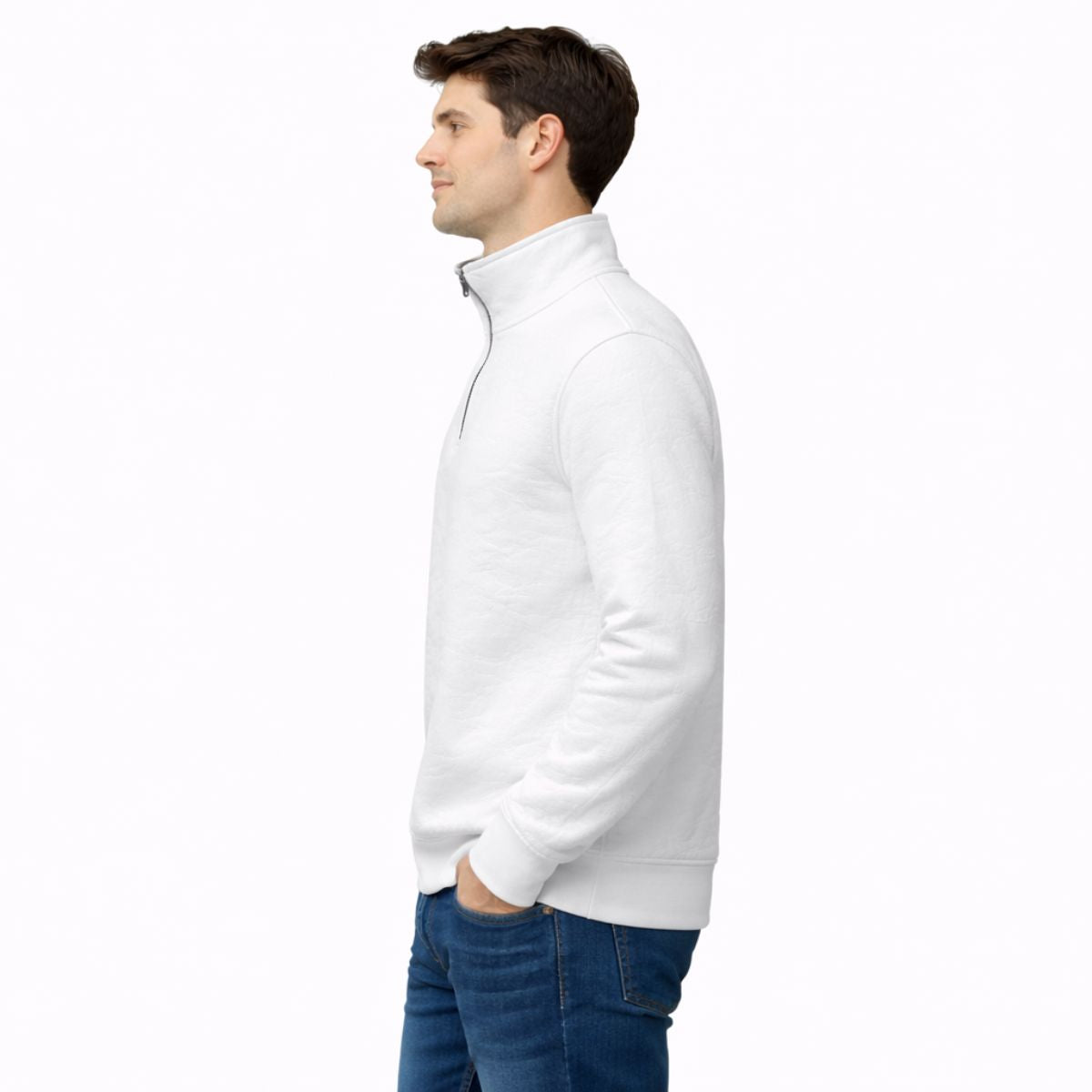 HG Premium Quilted Mock Neck Half Zipper Sweat Shirt - Super White