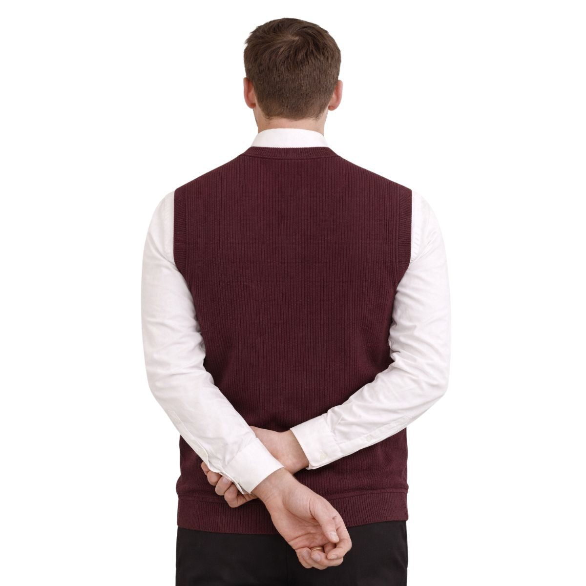 HG Men's Ribbed V-Neck Sleeveless Sweater - Dark Maroon