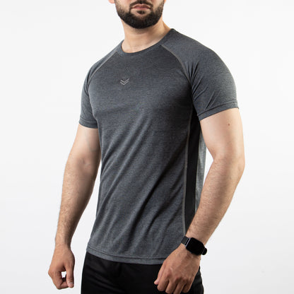 Textured Charcoal Quick Dry Tee with Thread Detailing & Black Panel