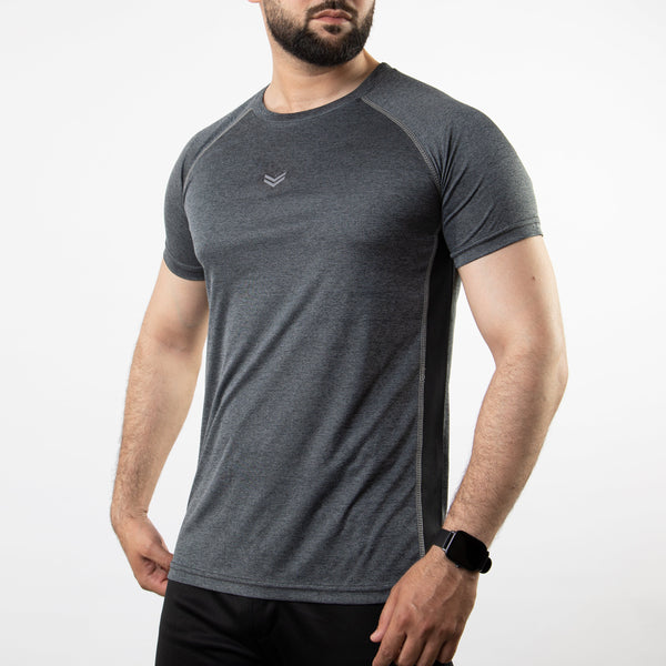 Textured Charcoal Quick Dry Tee with Thread Detailing & Black Panel