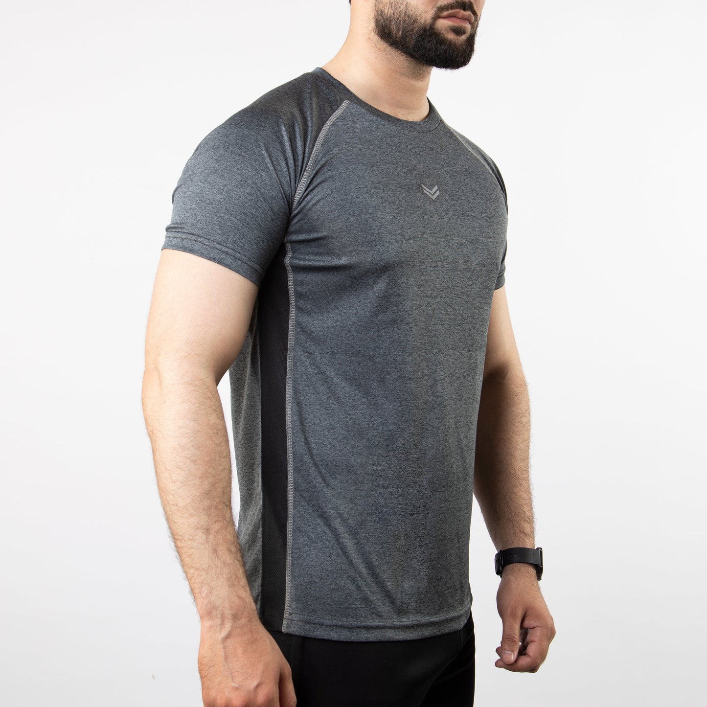 Textured Charcoal Quick Dry Tee with Thread Detailing & Black Panel