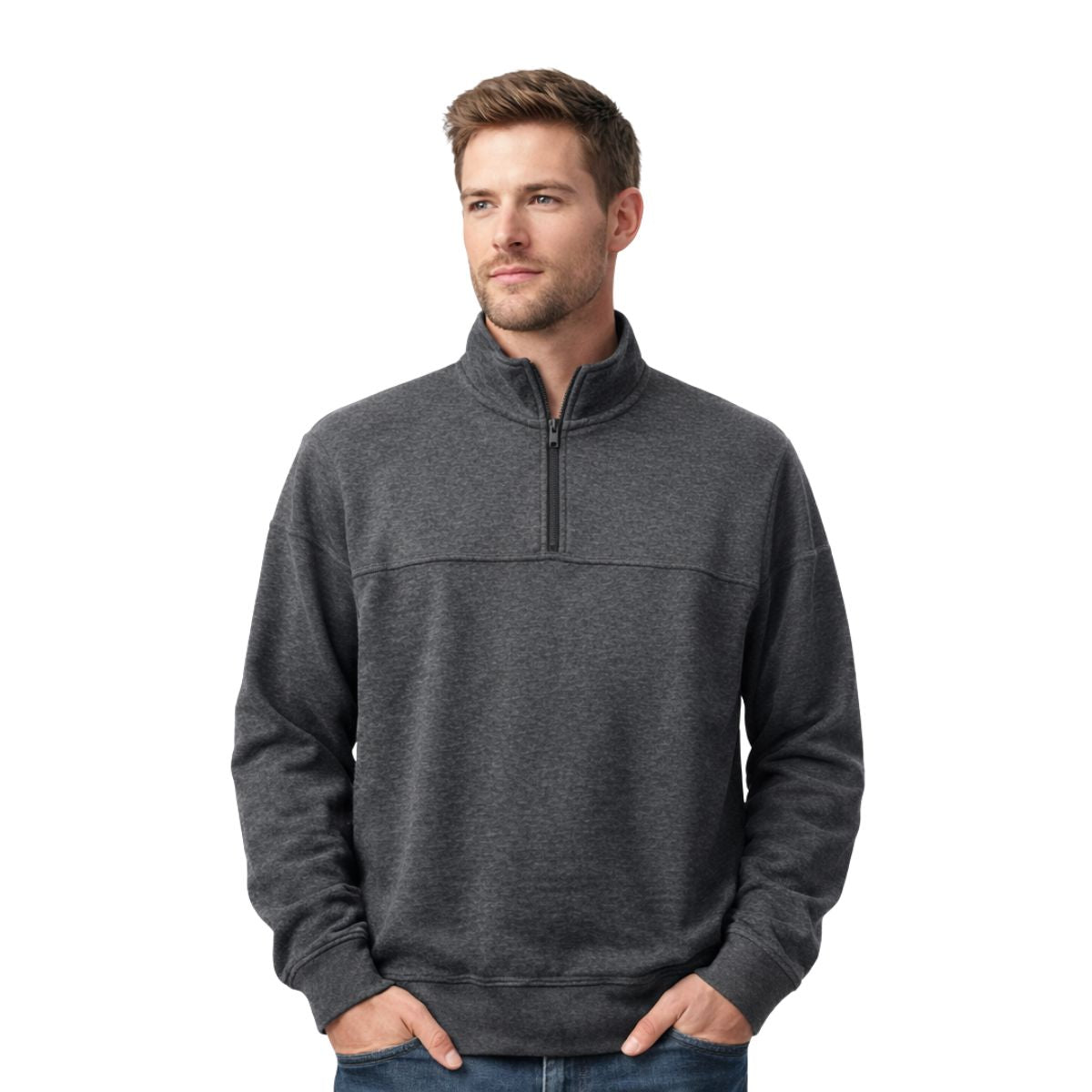 Men's Mock Neck Cut & Sew Panel Zipper Sweat Shirt - Charcoal Gray