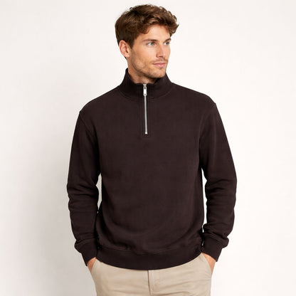 HG Men's Mock Neck Rib Knitted Full Sleeves Zipper Shirt - Choclate Brown