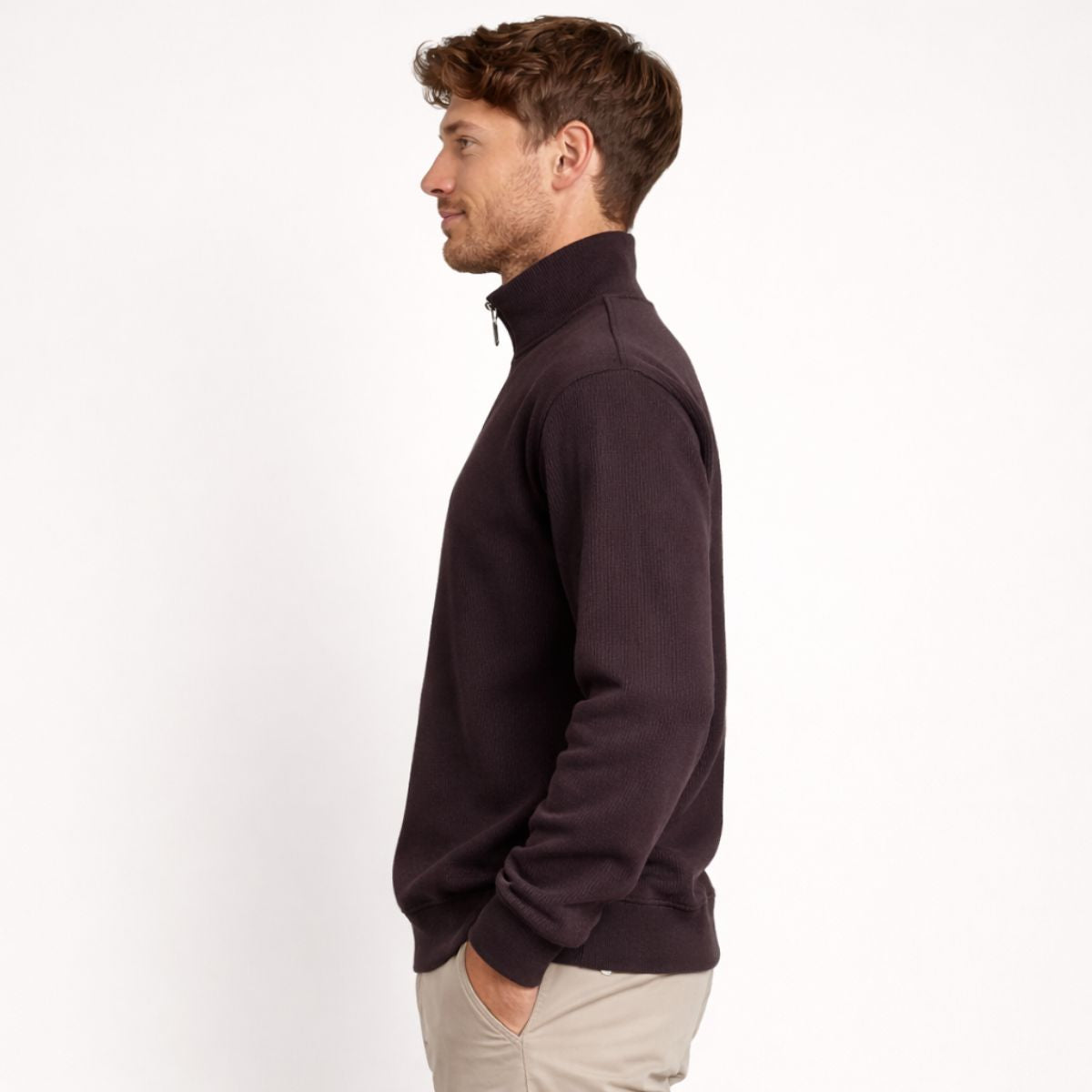 HG Men's Mock Neck Rib Knitted Full Sleeves Zipper Shirt - Choclate Brown